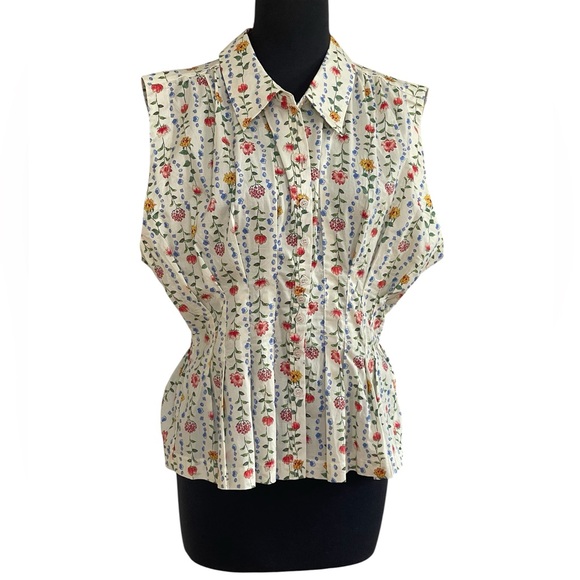 &merci Sleeveless Cream Floral Button-Front Blouse  Sz L Pleated Peplum Waist - Picture 3 of 13